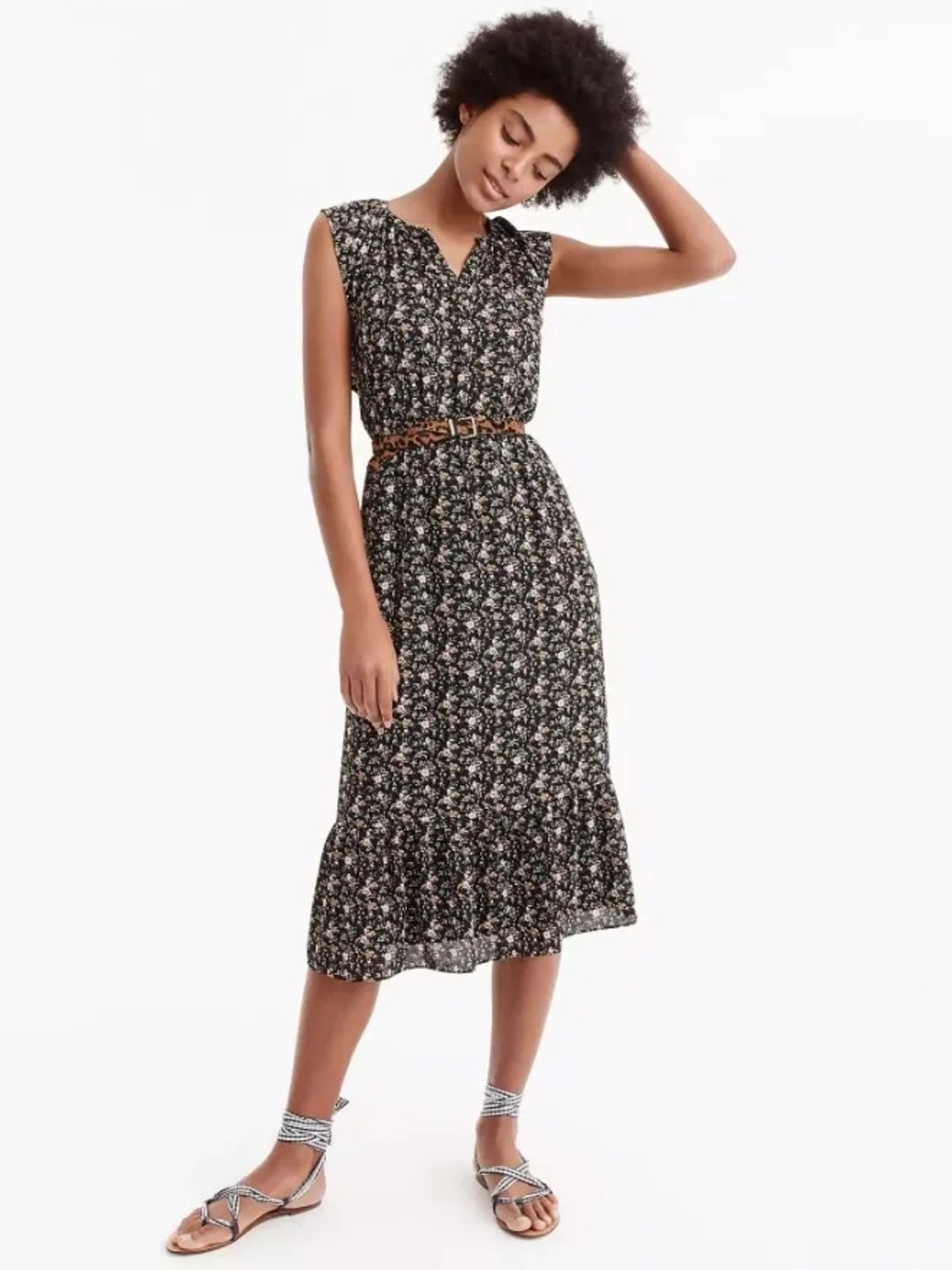 J. Crew Black Floral Sleeveless Midi Dress